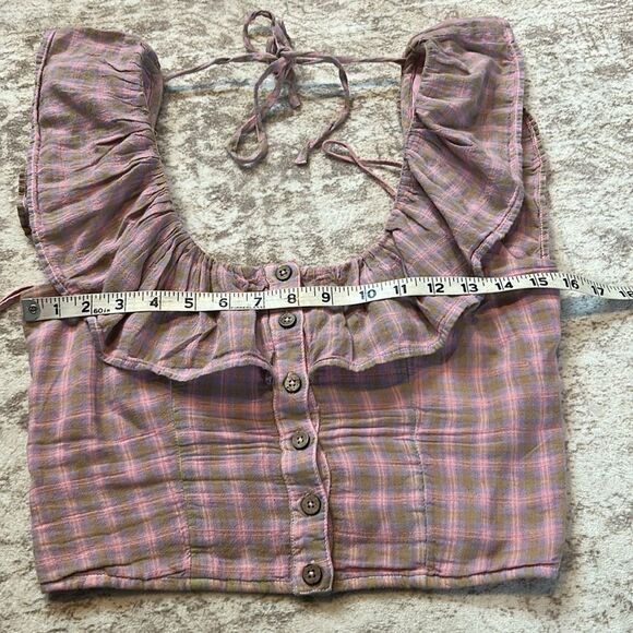 Free people corset ruffle Pink Plaid Ruffle Button-Down Top size small - Picture 7 of 8